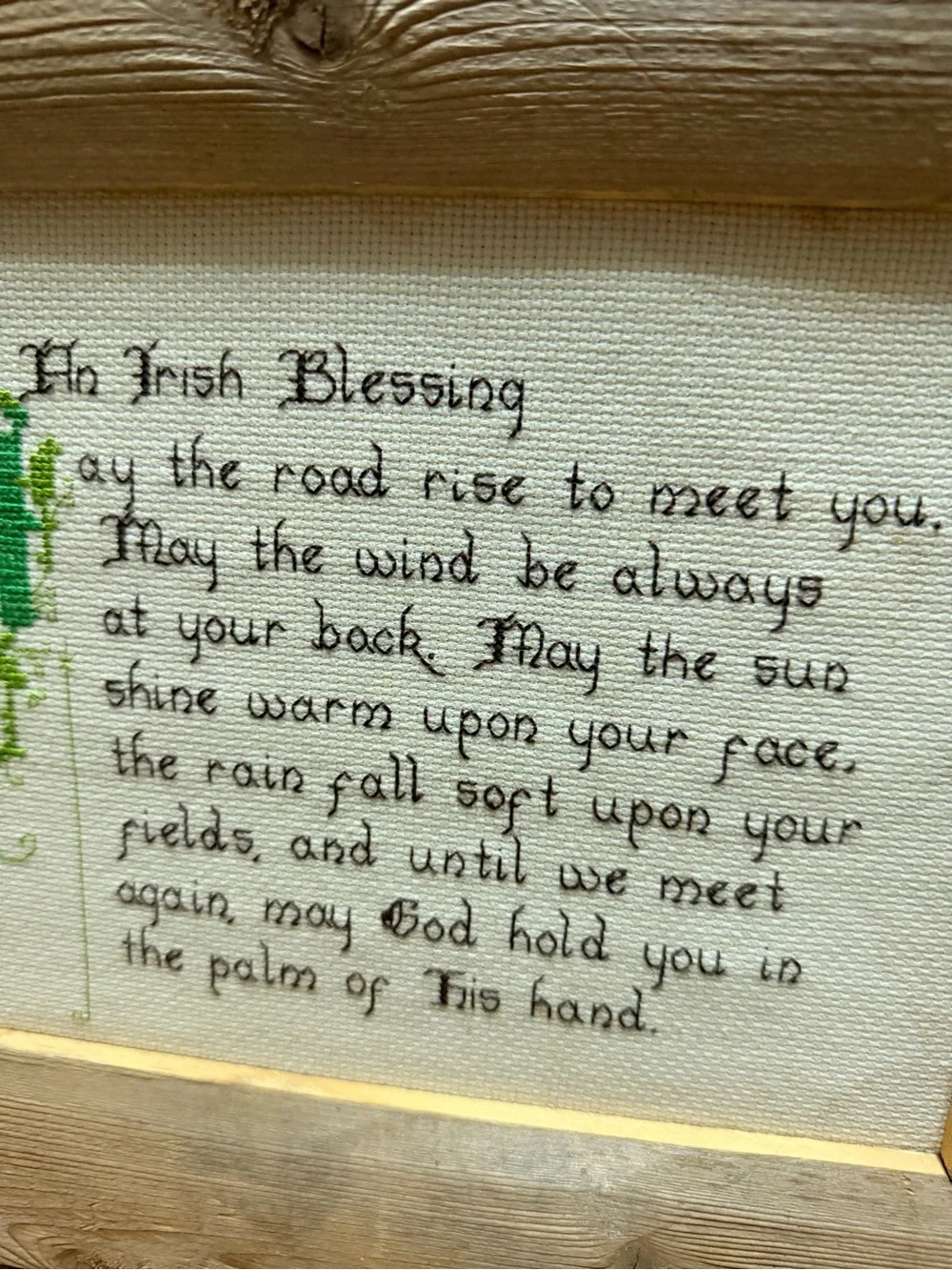 Hand-Embroidered Irish Blessing Cross Stitch Sampler in Rustic Wood Frame